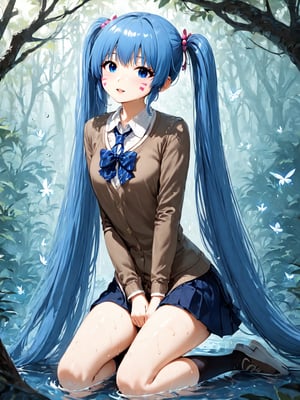 best quality, 8k, 8k UHD, ultra-high resolution, ultra-high definition, highres
,//Character, 
1girl, solo, hermit mio, long hair, blue hair, twintails, blue eyes, facial mark
,//Fashion, 
school_uniform
,//Background, 
,//Others, ,Expressiveh,
The same girl kneeling by a sparkling stream in the forest. She's reaching out to touch a glowing, fairy-like creature hovering above the water. The creature emits a soft blue light. The girl's expression is one of wonder and curiosity.