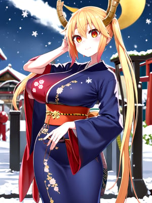 //Quality,
(masterpiece), (best quality), 8k illustration,
,//Character,
1girl, solo, large breasts
,//Fashion,
details (dark blue silk brocade kimono)
,//Background,
Kyoto, outdoors, winter, snow
,//Others,
happy new year 2024, dragon,tohru, tohru \(maidragon\),twintails, multicolored hair, dragon horns