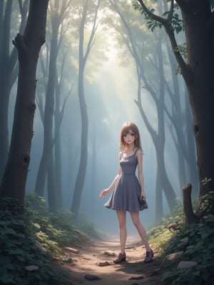 best quality, 8k, 8k UHD, ultra-high resolution, ultra-high definition, highres
,//Character, 
1girl, solo
,//Fashion, 
dress
,//Background, 
,//Others, ,Expressiveh,
A young girl with long brown hair and bright eyes, standing at the edge of a magical forest. She's wearing a simple dress and holding a small backpack. Sunlight filters through the trees, creating a mystical atmosphere. The girl looks excited and slightly nervous,2bEimi