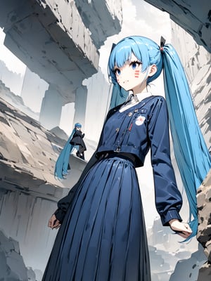 best quality, 8k, 8k UHD, ultra-high resolution, ultra-high definition, highres
,//Character, 
1girl, solo, hermit mio, long hair, blue hair, twintails, blue eyes, facial mark
,//Fashion, 
school_uniform
,//Background, 
,//Others, ,Expressiveh,
The girl climbing a steep, rocky cliff face. Her dress is slightly torn, and her hair is windswept. She's reaching for a handhold, determination evident on her face. Dark storm clouds gather in the background, adding drama to the scene.