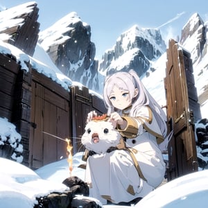 1Girl, battles with hamsters, snowy mountains, Frieren who unleash attack magic,Frieren