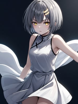 best quality, 8k, 8k UHD, ultra-high resolution, ultra-high definition, highres
,//Character, 
1girl, solo
,//Fashion, 
,//Background, 
,//Others, ,Expressiveh, 
Ataru, short hair, grey hair, yellow eyes, heterochromia, glowing, single horn, dress, legs,
A female martial artist demonstrating a complex kata, her gi in motion