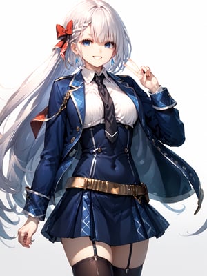 score_9,score_8_up,score_7_up,score_6_up, masterpiece, best quality
,//Character, 
1girl, solo,RiseliaRayCrystalia, very long hair, white hair, braid, blue eyes, medium breasts
,//Fashion, 
earrings, hair bow, long sleeves, white shirt, collared shirt, black necktie, blue jacket, blue skirt, pleated skirt, black thighhighs, belt
,//Background, white_background
,//Others,
making a V sign, smile,Expressiveh
