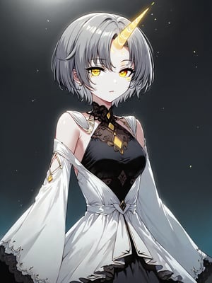 best quality, 8k, 8k UHD, ultra-high resolution, ultra-high definition, highres
,//Character, 
1girl, solo
,//Fashion, 
,//Background, 
,//Others, ,Expressiveh,
Ataru, short hair, grey hair, yellow eyes, heterochromia, glowing, single horn, dress, skirt