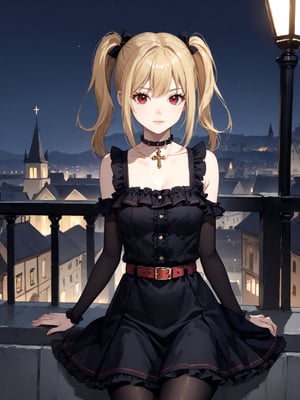 masterpiece, best quality, highres
,//Character, 
1girl, solo,AmaneMisa, twintails, blonde hair, red eyes, sidelocks
,//Fashion, 
black dress, sleeveless, bare shoulders, collarbone, choker, skirt, frills, belt, black pantyhose, cross
,//Background, 
,//Others, ,Expressiveh, 
A twin-tailed assassin girl perched on a rooftop, observing a medieval fantasy city at night.