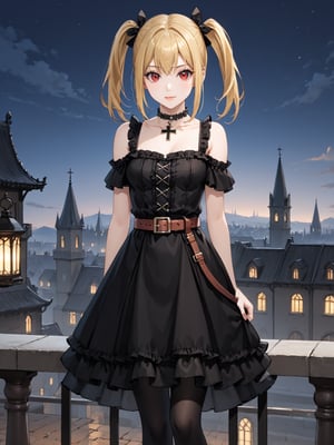 masterpiece, best quality, highres
,//Character, 
1girl, solo,AmaneMisa, twintails, blonde hair, red eyes, sidelocks
,//Fashion, 
black dress, sleeveless, bare shoulders, collarbone, choker, skirt, frills, belt, black pantyhose, cross
,//Background, 
,//Others, ,Expressiveh, 
A twin-tailed assassin girl perched on a rooftop, observing a medieval fantasy city at night.