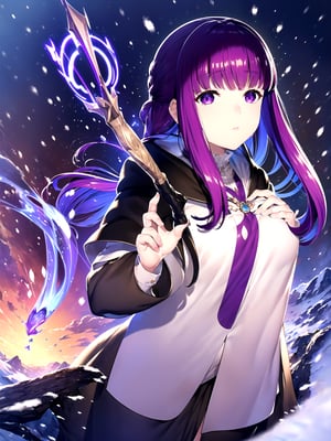 (masterpiece, top quality, best quality, official art, beautiful and aesthetic:1.2), 1girl, standing, hands up, close-up, magic, light rays, girl, snowy mountain, magician's wand, magician, spell magic, style-swirlmagic:0.8, (using dark magic:1.4),fern, purple_hair, purple_eyes