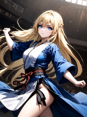 best quality, 8k, 8k UHD, ultra-high resolution, ultra-high definition, highres
,//Character, 
1girl, solo
,//Fashion, 
,//Background, 
,//Others, ,Expressiveh, 
priestess, long hair, blonde hair, blue eyes, dress,
A female martial artist demonstrating a complex kata, her gi in motion