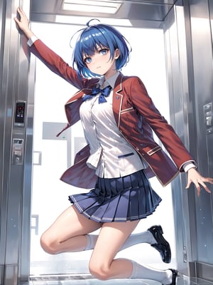 //Quality,
masterpiece, best quality, detailed
,//Character,
, IbukiMio, 1girl, solo, breasts, short hair, bangs, blue eyes, blue hair, purple eyes, ahoge, shiny hair
,//Fashion,
school uniform, red jacket, open clothes, blue bow, collared shirt, pleated skirt, black footwear, white socks
,//Background,
Elevator, closed room, sweaty summer, kicking the door
,//Others,
