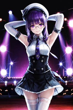 (best quality),(masterpiece),(ultra detailed),(highres),production art,solo,1girl, solo, hat, glasses, necktie, armpits, thighhighs, purple hair, smile, green-framed eyewear, looking at viewer, skirt, purple eyes, arms behind head, medium breasts, gloves, arms up, idol, breasts, bangs, stage, black thighhighs, semi-rimless eyewear, white headwear, zettai ryouiki, elbow gloves, sleeveless, stage lights, under-rim eyewear, beret, detached sleeves, standing, white skirt, shirt
