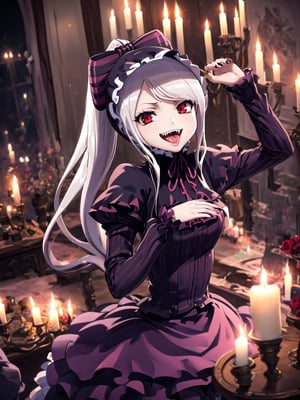 //Quality,
masterpiece, best quality, detailed
,//Character,
1girl, solo,shalltear bloodfallen \(overlord\), red eyes, long hair, white hair, bangs, ponytail
,//Fashion,
gothic lolita, striped bow, frilled dress, long sleeves
,//Background,
night, candle lit room
,//Others,
open mouth, tongue, fangs, smile, ridicule