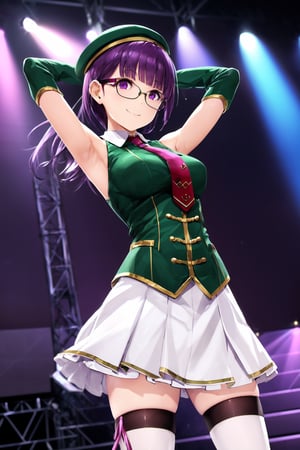 (best quality),(masterpiece),(ultra detailed),(highres),production art,solo,1girl, solo, hat, glasses, necktie, armpits, thighhighs, purple hair, smile, green-framed eyewear, looking at viewer, skirt, purple eyes, arms behind head, medium breasts, gloves, arms up, idol, breasts, bangs, stage, black thighhighs, semi-rimless eyewear, white headwear, zettai ryouiki, elbow gloves, sleeveless, stage lights, under-rim eyewear, beret, detached sleeves, standing, white skirt, shirt, ,so-bin