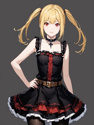 masterpiece, best quality, highres
,//Character, 
1girl, solo
,//Fashion, 

,//Background, 
,//Others, ,Expressiveh, 
,AmaneMisa, twintails, blonde hair, red eyes, sidelocks, black dress, sleeveless, bare shoulders, collarbone, choker, skirt, frills, belt, black pantyhose, cross