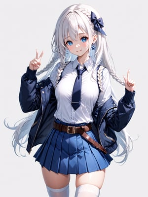 score_9,score_8_up,score_7_up,score_6_up, masterpiece, best quality
,//Character, 
1girl, solo,RiseliaRayCrystalia, very long hair, white hair, braid, blue eyes, medium breasts
,//Fashion, 
earrings, red hair bow, long sleeves, white shirt, collared shirt, black necktie, blue jacket, blue skirt, pleated skirt, black thighhighs, belt
,//Background, white_background
,//Others,
(making a V sign), smile,Expressiveh