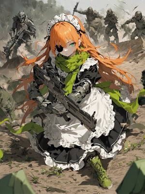 //Quality,
masterpiece, best quality, detailed
,//Character,
,cz2128_delta \(overlord\), 1girl, solo, long hair, green eyes, orange hair, eyepatch, cross pupils, expressionless
,//Fashion,
maid, maid headdress, camouflage, green scarf, gloves, dress, boots, armor
,//Background,
battle ground
,//Others,
holding gun