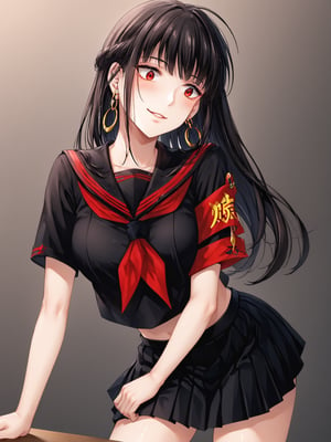 best quality, 8k, 8k UHD, ultra-high resolution, ultra-high definition, highres
,//Character, 
1girl, solo
,//Fashion, 
,//Background, 
,//Others, ,Expressiveh, 
AgakuraMajiri, 1girl, solo, long hair, black hair, red eyes, hoop earrings, black serafuku, sailor collar, black shirt, red neckerchief, armband, pleated skirt, black skirt