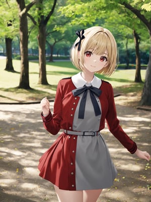 //Quality,
photo r3al, detailmaster2, masterpiece, photorealistic, 8k, 8k UHD, best quality, ultra realistic, ultra detailed, hyperdetailed photography, real photo
,//Character,
1girl, solo
,//Fashion,
,//Background,
park
,//Others,
,nishikigi chisato, bob cut, hair ribbon, lycoris uniform, two-tone dress, red dress, grey dress, neck ribbon, long sleeves