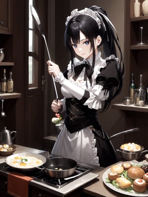 A girl conducting an orchestra of kitchen utensils, each spoon and fork playing itself while floating in mid-air.,
score_9,score_8_up,score_7_up,score_6_up, masterpiece, best quality, highres
,//Character, 
1girl,narberal gamma \(overlord\), long hair, black hair, glay eyes, bangs, ponytail, medium breats
,//Fashion, 
maid
,//Background, 
,//Others, ,Expressiveh, 
