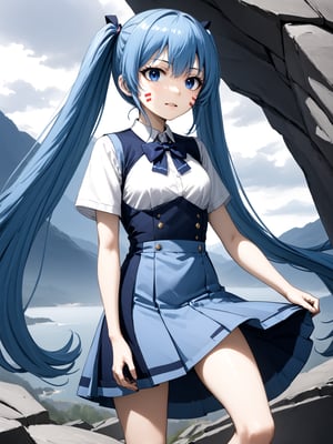 best quality, 8k, 8k UHD, ultra-high resolution, ultra-high definition, highres
,//Character, 
1girl, solo, hermit mio, long hair, blue hair, twintails, blue eyes, facial mark
,//Fashion, 
school_uniform
,//Background, 
,//Others, ,Expressiveh,
The girl climbing a steep, rocky cliff face. Her dress is slightly torn, and her hair is windswept. She's reaching for a handhold, determination evident on her face. Dark storm clouds gather in the background, adding drama to the scene.