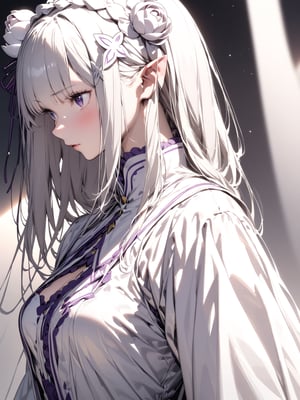 //Character, solo, 1girl, ,emilia \(re_zero\),
//Fashion, ,
//Background, simple background, 
//Quality, (masterpiece), best quality, ultra-high resolution, ultra-high definition, highres, intricate, intricate details, absurdres, highly detailed, finely detailed, ultra-detailed, ultra-high texture quality, natural lighting, natural shadow, dramatic shading, dramatic lighting, vivid colour, perfect anatomy, 
//Others, 