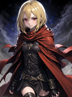 //Quality,
masterpiece, best quality, detailed
,//Character,
,Evileye \(overlord\), 1girl, solo, blonde hair, red eyes, hair between eyes, small breasts
,//Fashion,
hood, black dress, torn clothes, covered navel, red cloak, hooded cloak, black thighhighs, torn thighhighs, boots, black footwear
,//Background,
dune hill of Swords, starry_sky
,//Others,
hood up