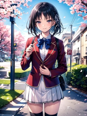 //Quality,
(masterpiece), (best quality), 8k illustration
,//Character,
1girl, solo
,//Fashion,
,//Background,
school gate, cherry blossoms
,//Others,
,aasuzune, short hair, black hair, (single braid:1.2), hair ribbon, red jacket, blazer, blue bowtie, long sleeves, white skirt, black thighhighs, happy tears, smile