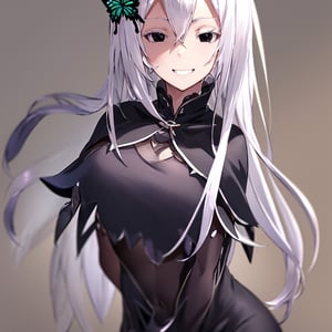 1 Girl, special ability, night, starry sky, shadow, detailed background, echidna, colored eyelashes, white hair, hair between eyes, long hair, straight hair, (black eyes:1.5),BREAK black capelet, black dress, butterfly hair ornament, capelet, dress, hair ornament, IncrsAnyasHehFaceMeme,grin