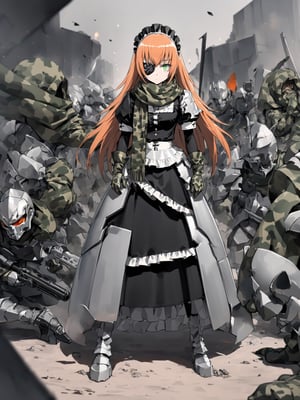 //Quality,
masterpiece, best quality, detailed
,//Character,
,cz2128_delta \(overlord\), 1girl, solo, long hair, green eyes, orange hair, eyepatch, cross pupils, expressionless
,//Fashion,
maid, maid headdress, camouflage, green scarf, gloves, dress, boots, armor
,//Background,
battle ground
,//Others,
gun