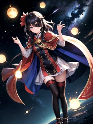 //Quality,
(masterpiece), (best quality), 8k illustration
,//Character,
1girl, solo, smile
,//Fashion,
,//Background,
night sky, meteor,  
,//Others,
make a wish, megu dress , megu cape , asymmetrical legwear, right thighhighs, eyepatch
