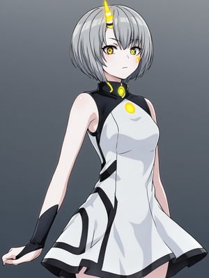 best quality, 8k, 8k UHD, ultra-high resolution, ultra-high definition, highres
,//Character, 
1girl, solo
,//Fashion, 
,//Background, 
,//Others, ,Expressiveh,
Ataru, short hair, grey hair, yellow eyes, heterochromia, glowing, single horn, dress, skirt