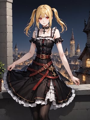 masterpiece, best quality, highres
,//Character, 
1girl, solo,AmaneMisa, twintails, blonde hair, red eyes, sidelocks
,//Fashion, 
black dress, sleeveless, bare shoulders, collarbone, choker, skirt, frills, belt, black pantyhose, cross
,//Background, 
,//Others, ,Expressiveh, 
A twin-tailed assassin girl perched on a rooftop, observing a medieval fantasy city at night.