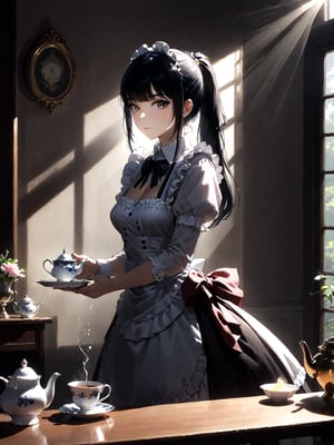 score_9,score_8_up,score_7_up,score_6_up, masterpiece, best quality, highres
,//Character, 
1girl, solo,narberal gamma \(overlord\), long hair, black hair, glay eyes, bangs, ponytail, medium breats
,//Fashion, 
maid
,//Background, 
,//Others, ,Expressiveh, 
A girl having a tea party with her shadow, which has come to life and is pouring tea from a ray of sunlight.