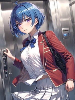 //Quality,
masterpiece, best quality, detailed
,//Character,
, IbukiMio, 1girl, solo, breasts, short hair, bangs, blue eyes, blue hair, purple eyes, ahoge, shiny hair
,//Fashion,
school uniform, red jacket, open clothes, blue bow, collared shirt, pleated skirt
,//Background,
Elevator, closed room, sweaty summer, kicking the door
,//Others,
