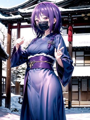 //Quality,
(masterpiece), (best quality), 8k illustration,
,//Character,
1girl, solo, 
,//Fashion,
details (dark blue silk brocade kimono)
,//Background,
Kyoto, outdoors, winter, snow
,//Others,
virus, mask, goodbye pose,Yuzuki