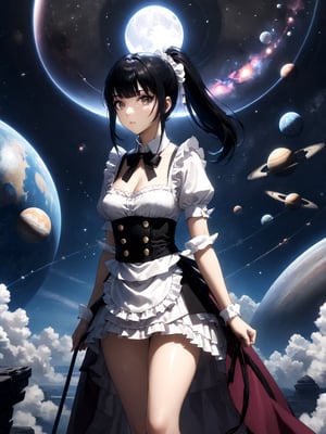 score_9,score_8_up,score_7_up,score_6_up, masterpiece, best quality, highres
,//Character, 
1girl, solo,narberal gamma \(overlord\), long hair, black hair, glay eyes, bangs, ponytail, medium breats
,//Fashion, 
maid
,//Background, 
,//Others, ,Expressiveh, 
A girl unzipping the sky like a giant zipper, revealing a cosmic realm filled with planets and nebulae behind it.