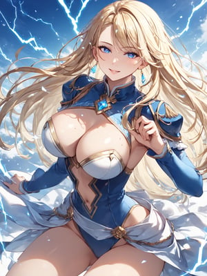 masterpiece, best quality, 8k, 8k UHD, ultra-high resolution, ultra-high definition, highres
,//Character, 
1girl, solo, long hair, blonde hair, blue eyes
,//Fashion, 

,//Background, white_background
,//Others, ,Expressiveh, 
lightning magic charging