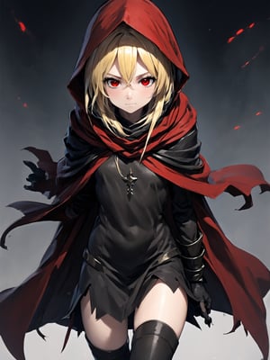 //Quality,
masterpiece, best quality, detailed
,//Character,
,Evileye \(overlord\), 1girl, solo, blonde hair, red eyes, hair between eyes, small breasts
,//Fashion,
hood, black dress, torn clothes, covered navel, red cloak, hooded cloak, black thighhighs, torn thighhighs, boots, black footwear
,//Background,
night_sky, starry_sky
,//Others,
hood down, arms at sides