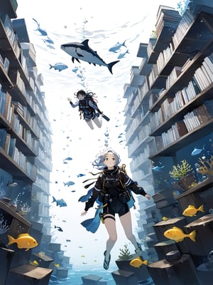 masterpiece, best quality, highres
,//Character, 
1girl, solo
,//Fashion, 
,//Background, white background
,//Others, ,Expressiveh, 
,AobaTsukuyo,
A girl in scuba gear exploring an underwater library, with fish swimming between bookshelves and seaweed growing from old tomes.