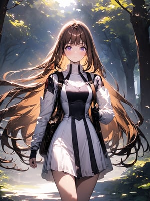 A young girl with long brown hair and bright eyes, standing at the edge of a magical forest. She's wearing a simple dress and holding a small backpack. Sunlight filters through the trees, creating a mystical atmosphere. The girl looks excited and slightly nervous.
best quality, 8k, 8k UHD, ultra-high resolution, ultra-high definition, highres
,//Character, 
1girl, solo
,//Fashion, 
,//Background, 
,//Others, ,Expressiveh,
elhaym_van_houten, long hair, brown hair, purple eyes, dress