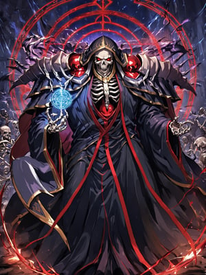 //Quality,
masterpiece, best quality, detailed
,//Character,
,ainz ooal gown \(overlord\), 1boy, solo, red eyes, skull, skeleton, glowing
,//Fashion,
hood, shoulder armor, robe
,//Background,
battle field
,//Others,
magic chant, magic circle, open mouth, smile, face up