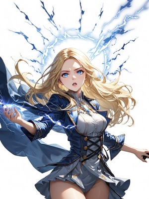 masterpiece, best quality, 8k, 8k UHD, ultra-high resolution, ultra-high definition, highres
,//Character, 
1girl, solo, long hair, blonde hair, blue eyes
,//Fashion, 

,//Background, white_background
,//Others, ,Expressiveh, 
lightning magic charging