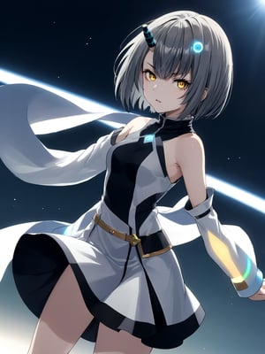 best quality, 8k, 8k UHD, ultra-high resolution, ultra-high definition, highres
,//Character, 
1girl, solo
,//Fashion, 
,//Background, 
,//Others, ,Expressiveh, 
Ataru, short hair, grey hair, yellow eyes, heterochromia, glowing, single horn, dress, legs,
A martial artist mid-kick, her gi revealing a glimpse of athletic physique.