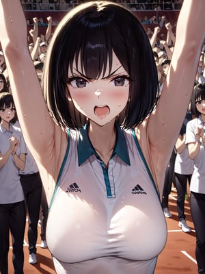 masterpiece, best quality, 8k, 8k UHD, ultra-high resolution, ultra-high definition, highres
,//Character, 
1girl, solo,ShimizuChikako, short hair, bob cut, black hair, black eyes, large breasts
,//Fashion, 
 tennis uniform
,//Background, 
,//Others, ,Expressiveh, 
v-shaped eyebrows, open mouth, sweat, red clay court, 
A young female tennis prodigy celebrating her victory at the Olympics, arms raised in triumph as the crowd cheers.