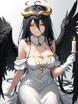 masterpiece, best quality, highres
,//Character, 
1girl, solo,albedo \(overlord\), long hair, black hair, hair between eyes, yellow eyes, horns, ahoge, black wings, feathered wings, low wings
,//Fashion, 
white gloves, white dress, bare shoulders, detached collar, cleavage, slit pupils
,//Background, 
,//Others, ,Expressiveh, 
A young priestess kneeling before a dark altar, surrounded by ominous statues and flickering candles.