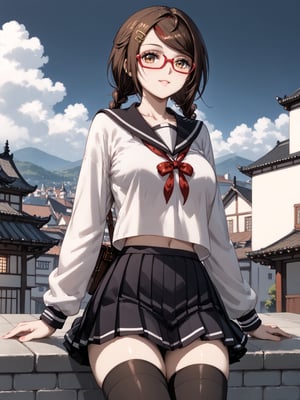 masterpiece, best quality, highres
,//Character, 
1girl, solo,SakimiyaMisaki, brown hair, twin braids, brown eyes, glasses, red-framed eyewear
,//Fashion, 
school uniform, hair ornament, hairclip, pleated skirt, black thighhighs
,//Background, 
,//Others, ,Expressiveh, 
A twin-tailed assassin girl perched on a rooftop, observing a medieval fantasy city at night.,Samurai_Girl