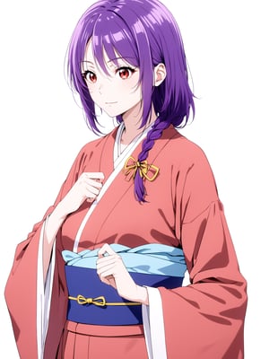 masterpiece, best quality, highres
,//Character, 
1girl, solo
,//Fashion, 
,//Background, white background
,//Others, ,Expressiveh, 
,AobaYuzuki, long hair, purple hair, single braid, red eyes, hair ribbon, yellow ribbon, hair over shoulder, red kimono, long sleeves, obi