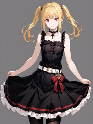 masterpiece, best quality, highres
,//Character, 
1girl, solo
,//Fashion, 

,//Background, 
,//Others, ,Expressiveh, 
,AmaneMisa, twintails, blonde hair, red eyes, sidelocks, black dress, sleeveless, bare shoulders, collarbone, choker, skirt, frills, belt, black pantyhose, cross, V