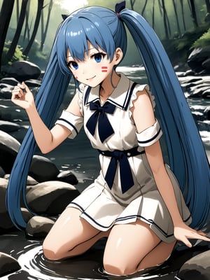 best quality, 8k, 8k UHD, ultra-high resolution, ultra-high definition, highres
,//Character, 
1girl, solo, hermit mio, long hair, blue hair, twintails, blue eyes, facial mark
,//Fashion, 
school_uniform
,//Background, 
,//Others, ,Expressiveh,
The same girl kneeling by a sparkling stream in the forest. She's reaching out to touch a glowing, fairy-like creature hovering above the water. The creature emits a soft blue light. The girl's expression is one of wonder and curiosity.