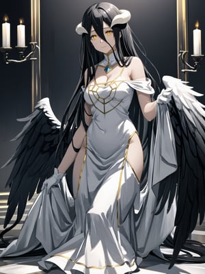 masterpiece, best quality, highres
,//Character, 
1girl, solo,albedo \(overlord\), long hair, black hair, hair between eyes, yellow eyes, horns, ahoge, black wings, feathered wings, low wings
,//Fashion, 
white gloves, white dress, bare shoulders, detached collar, cleavage, slit pupils
,//Background, 
,//Others, ,Expressiveh, 
A young priestess kneeling before a dark altar, surrounded by ominous statues and flickering candles.