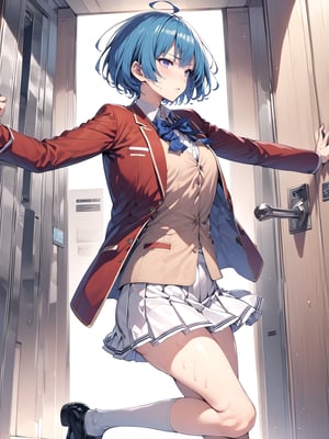 //Quality,
masterpiece, best quality, detailed
,//Character,
,IbukiMio, 1girl, solo, breasts, short hair, bangs, blue eyes, blue hair, purple eyes, ahoge, shiny hair
,//Fashion,
school uniform, red jacket, open clothes, blue bow, collared shirt, pleated skirt, black footwear, white socks
,//Background,
Elevator, closed room, sweaty summer, kicking the door
,//Others,
, IbukiMio